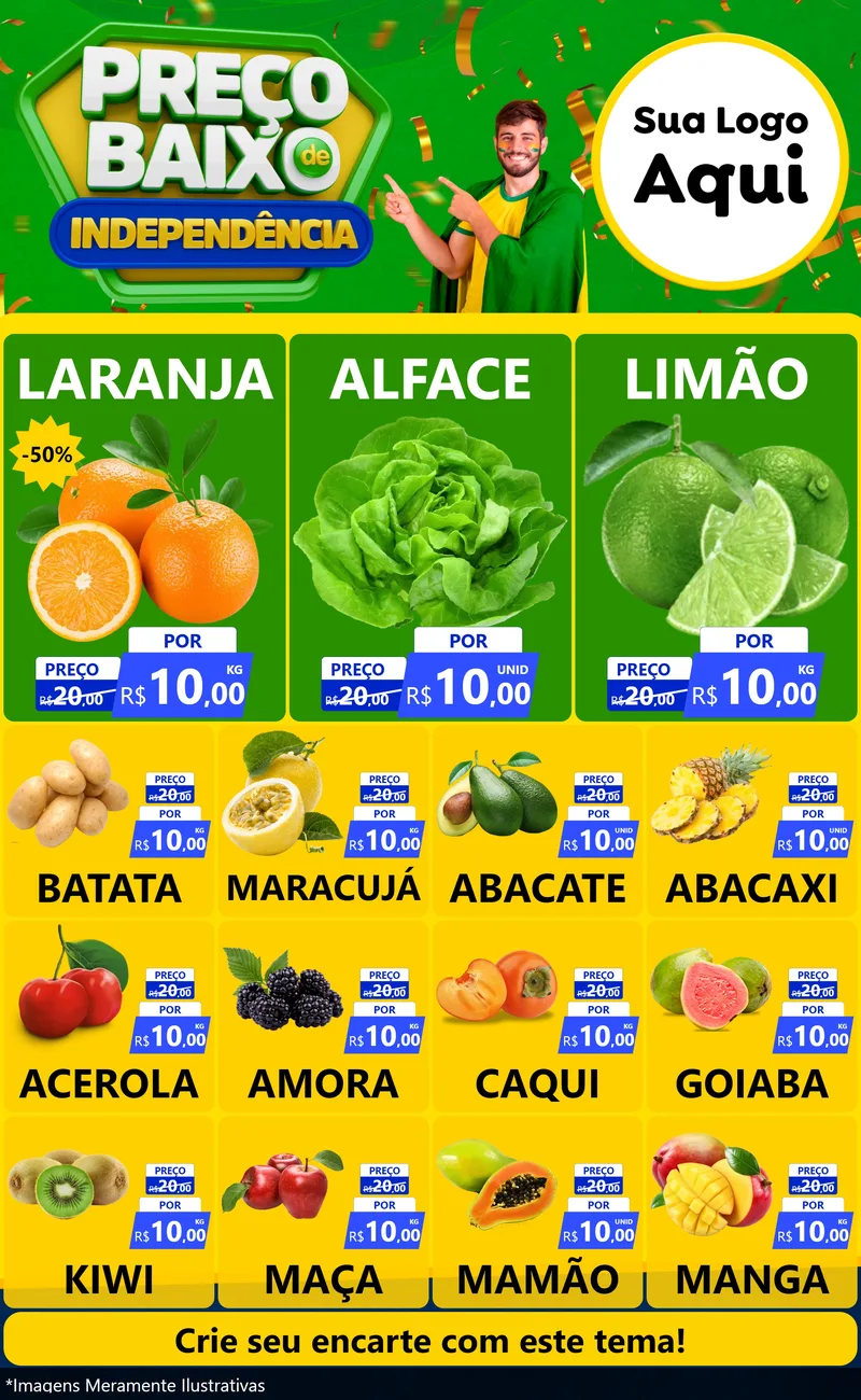 Modelo de Encarte para Encarte Grande com o tema Preço Baixo de Independência para Hortifrúti