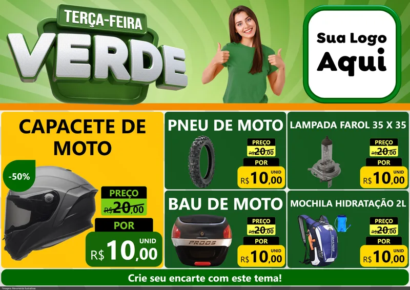 Modelo de Encarte para Encarte A4 Horizontal com o tema Terça - Feira Verde para Moto peças