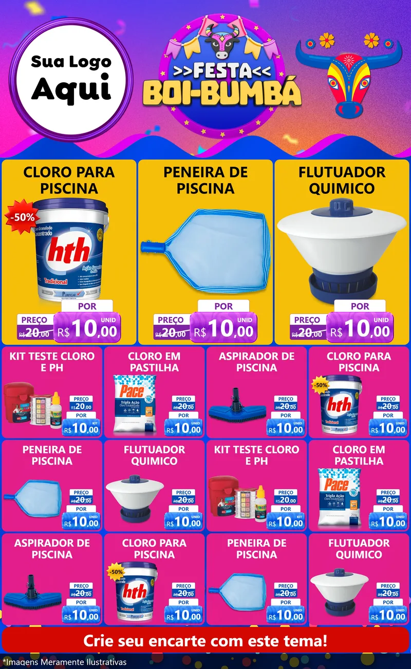 Modelo de Encarte para Encarte Grande com o tema Festa Boi-Bumbá para Produtos para Piscina