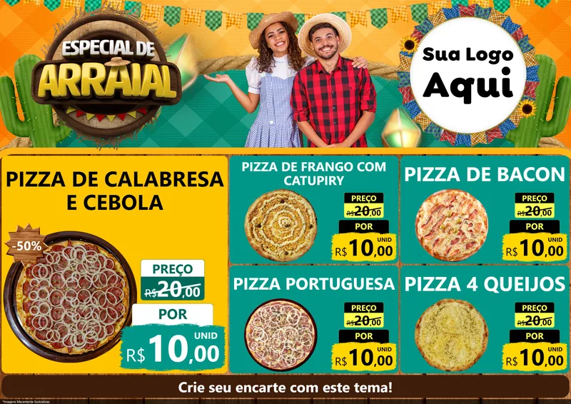 Modelo de Encarte para Encarte A4 Horizontal com o tema Especial De Arraial para Pizzaria