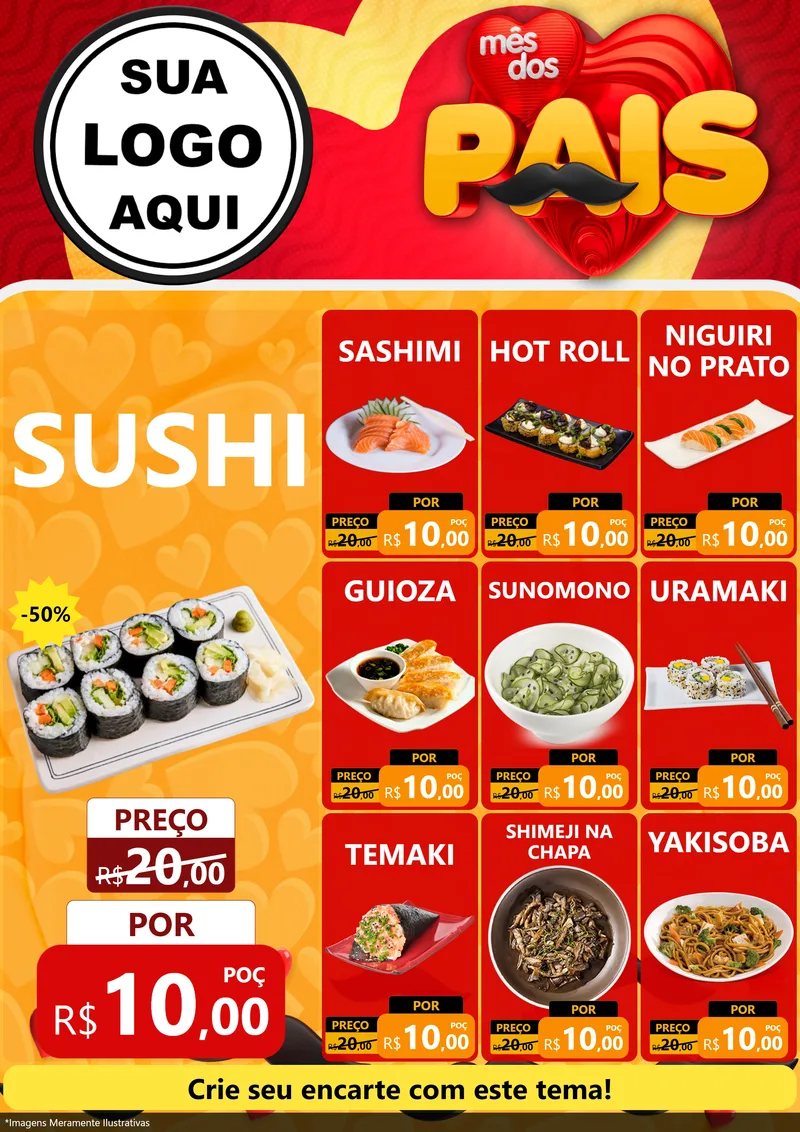 Modelo de Encarte para Encarte A4 Vertical com o tema Mês Dos Pais para Comida japonesa
