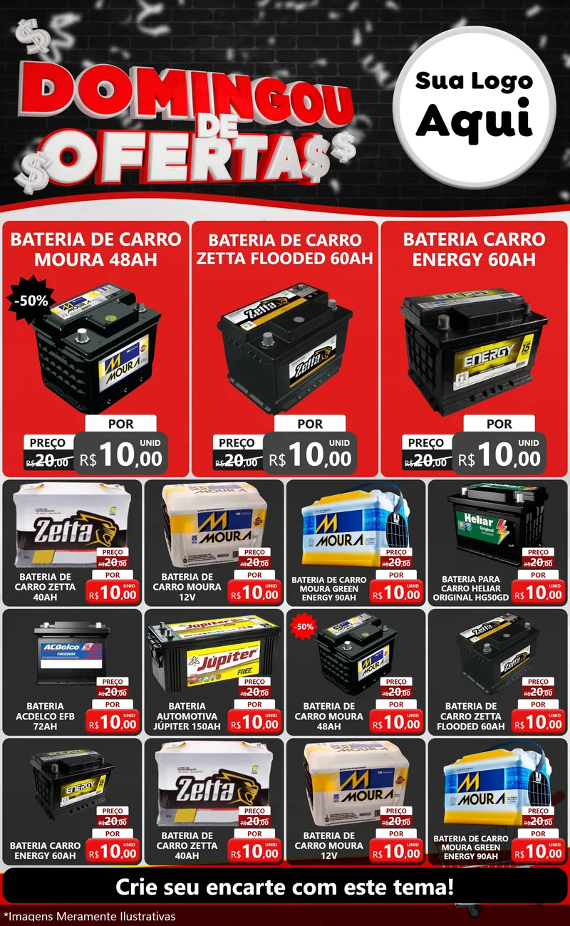 Modelo de Encarte para Encarte Grande com o tema Domingou de Ofertas para Baterias Elétricas
