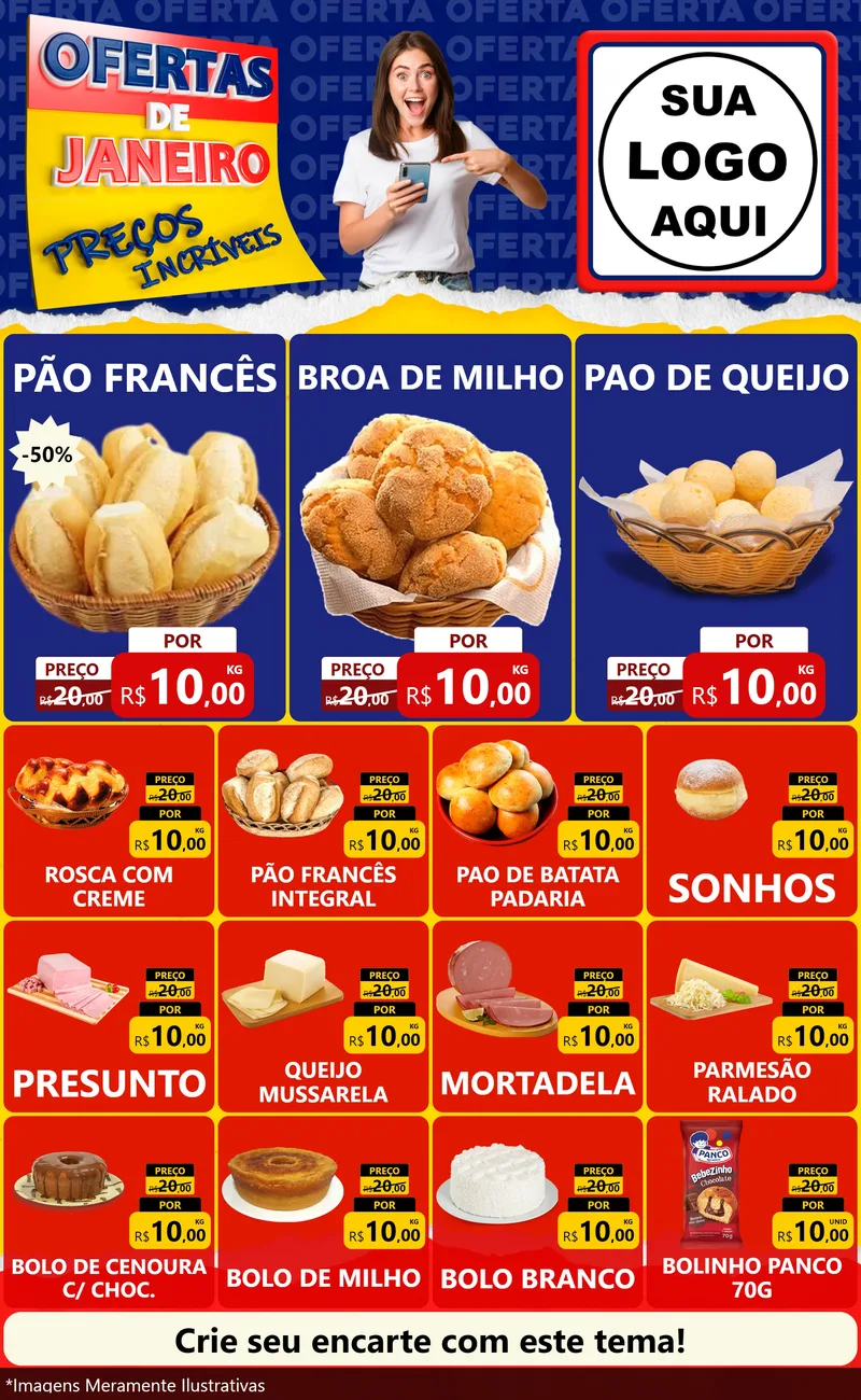 Modelo de Encarte para Encarte Grande com o tema Ofertas de Janeiro - Preços Incríveis para Padaria