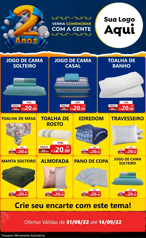 Modelo de Encarte para Encarte Grande com o tema Aniversário de 2 anos para Cama, Mesa e Banho