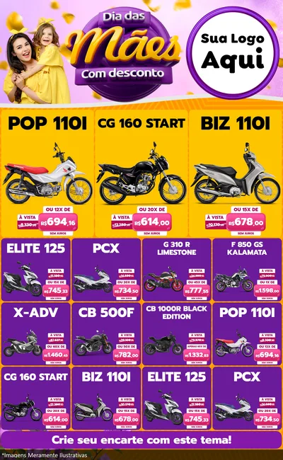 Modelo de Encarte para Encarte Grande com o tema Dia das Mães com Desconto para Concessionaria de Motos