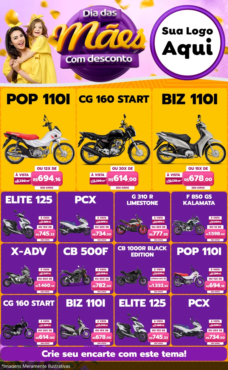 Modelo de Encarte para Encarte Grande com o tema Dia das Mães com Desconto para Concessionaria de Motos