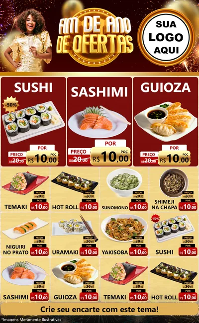 Modelo de Encarte para Encarte Grande com o tema Fim de Ano de Ofertas para Comida japonesa