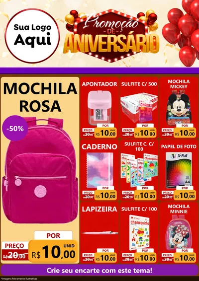 Modelo de Encarte para Encarte A4 Vertical com o tema Promoção de Aniversário para Papelaria
