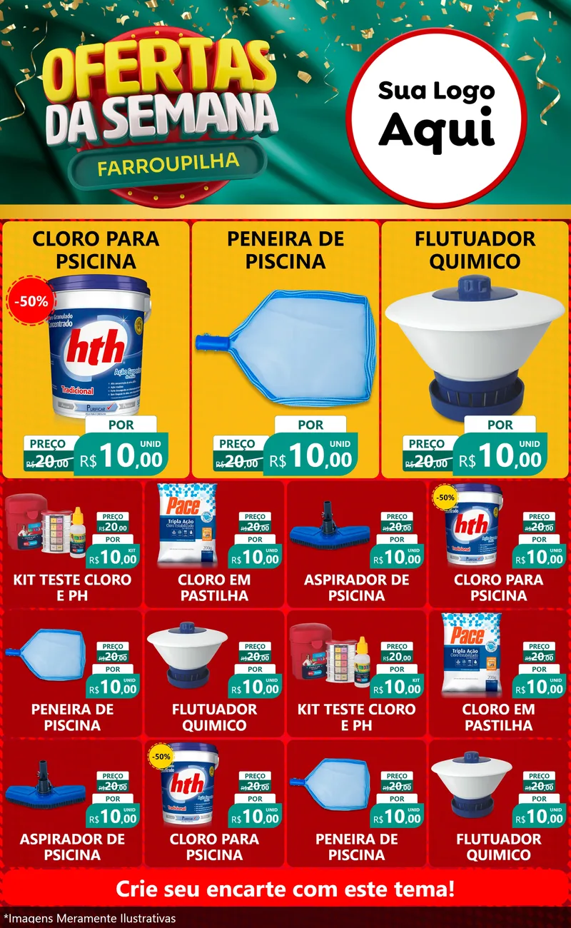 Modelo de Encarte para Encarte Grande com o tema Ofertas da Semana Farroupilha para Produtos para Piscina