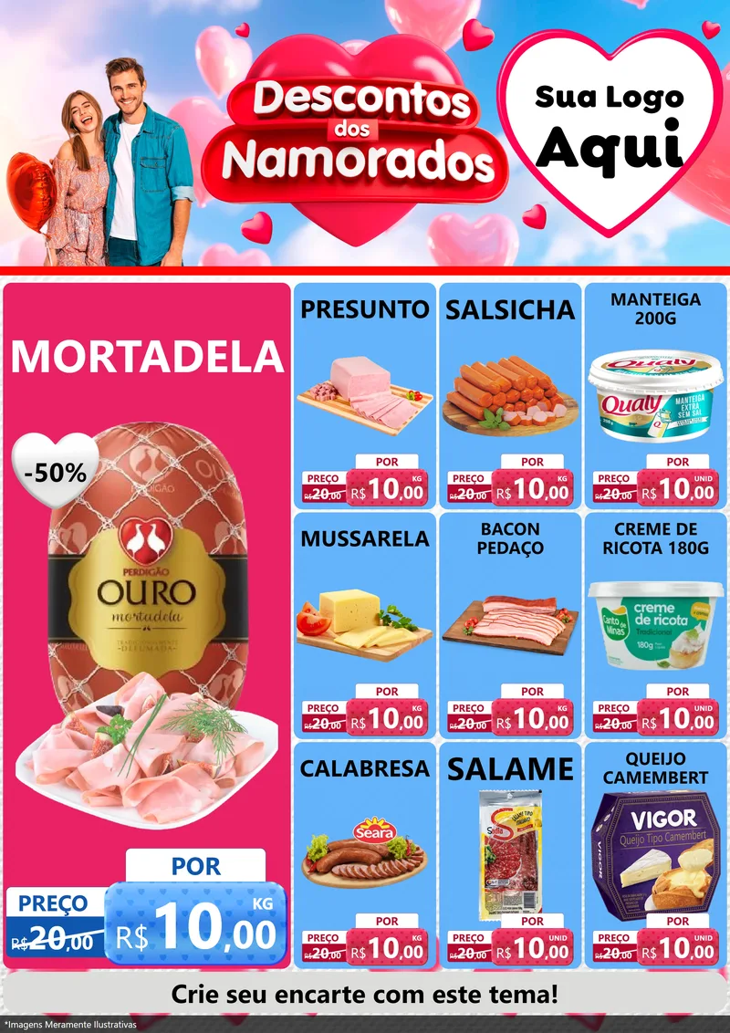 Modelo de Encarte para Encarte A4 Vertical com o tema Descontos dos Namorados para Frios e Laticínios