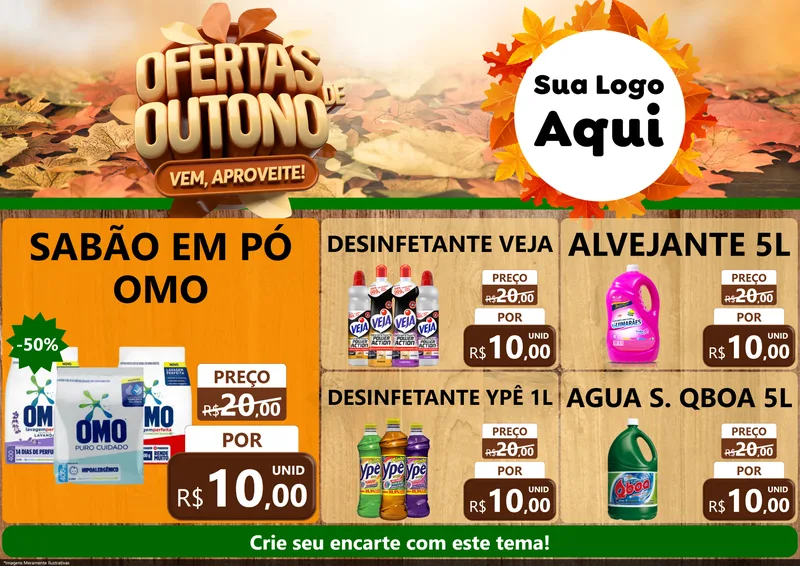 Modelo de Encarte para Encarte A4 Horizontal com o tema Ofertas de Outono - Vem, Aproveite! para Produtos de Limpeza