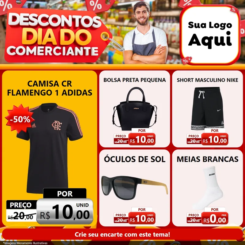 Modelo de Rede Social para Feed Facebook com o tema Descontos Dia do Comerciante para Roupas e acessórios