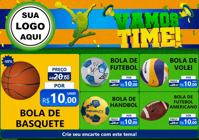 Modelo de Encarte para Encarte A4 Horizontal com o tema Vamos Time! para Artigos Esportivos