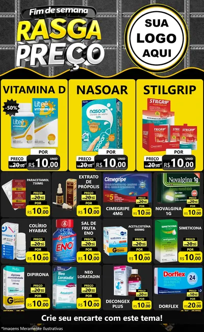 Modelo de Encarte para Encarte Grande com o tema Fim de Semana Rasga Preço para Farmácia