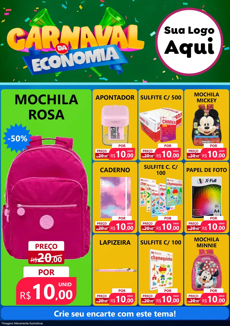 Modelo de Encarte para Encarte A4 Vertical com o tema Carnaval da Economia para Papelaria