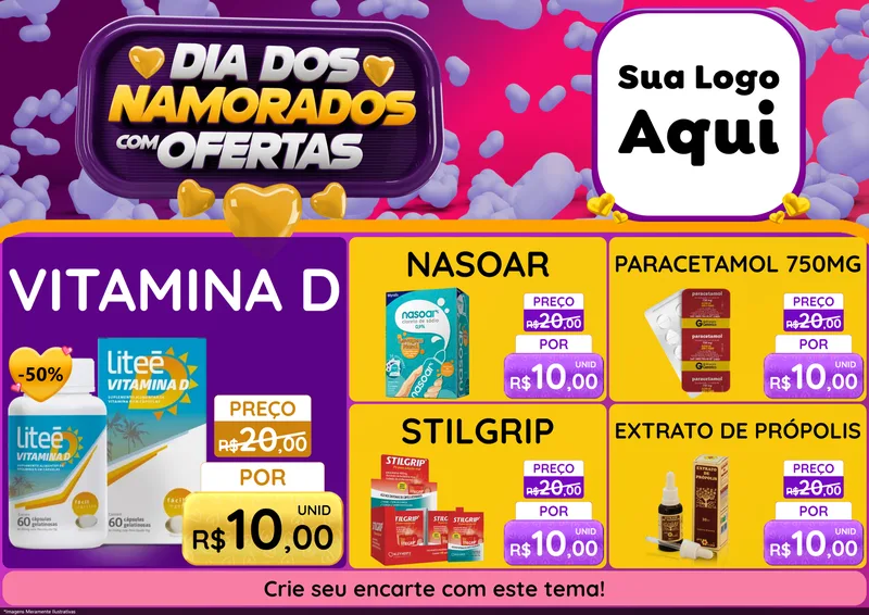 Modelo de Encarte para Encarte A4 Horizontal com o tema Dia Dos Namorados Com Ofertas para Farmácia
