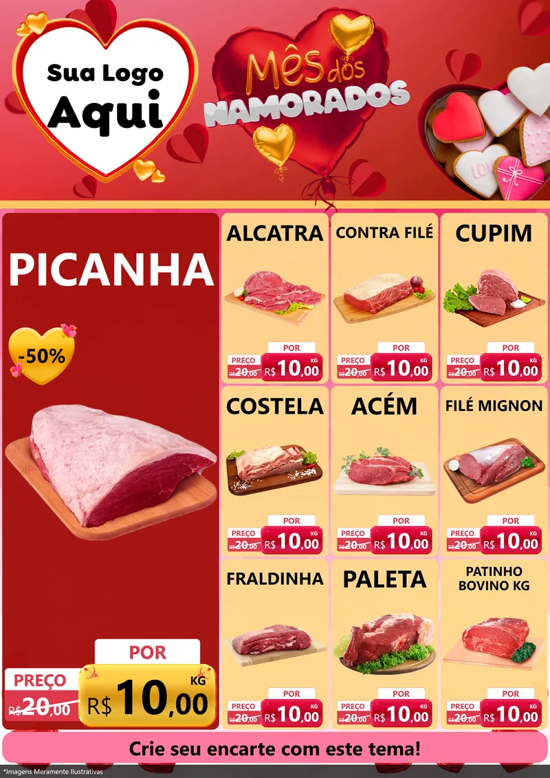 Modelo de Encarte para Encarte A4 Vertical com o tema Mês dos Namorados para Açougue