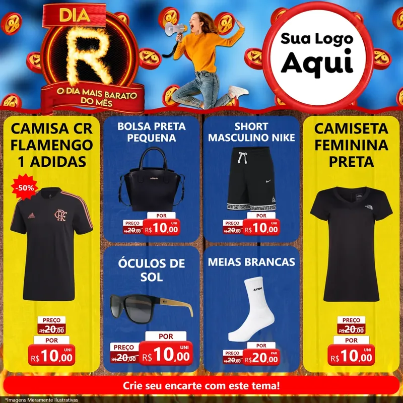 Modelo de Rede Social para Feed Facebook com o tema Dia R - O Dia Mais Barato Do Mês para Roupas e acessórios