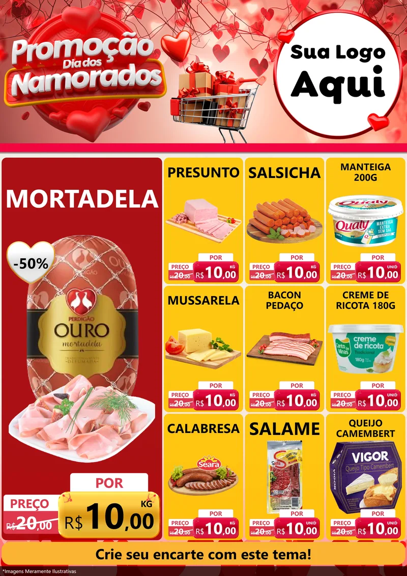 Modelo de Encarte para Encarte A4 Vertical com o tema Promoção Dia dos Namorados para Frios e Laticínios