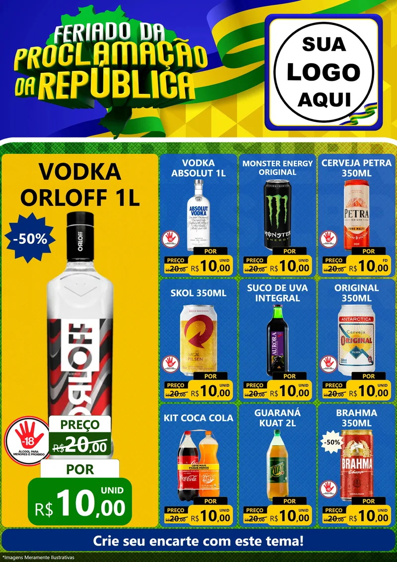 Modelo de Encarte para Encarte A4 Vertical com o tema Feriado da Proclamação da República para Distribuidora de bebidas