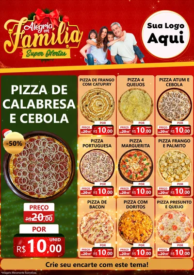 Modelo de Encarte para Encarte A4 Vertical com o tema Alegria em Família Super Ofertas - Natal para Pizzaria