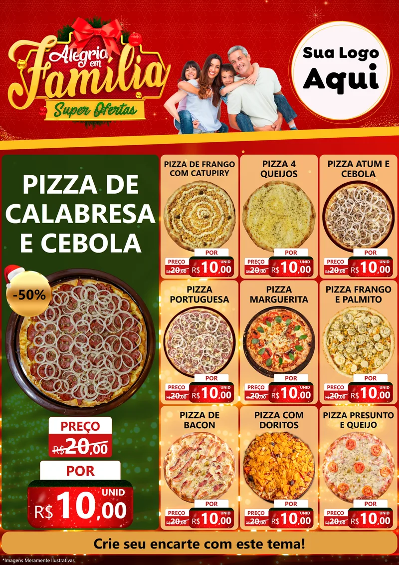 Modelo de Encarte para Encarte A4 Vertical com o tema Alegria em Família Super Ofertas - Natal para Pizzaria