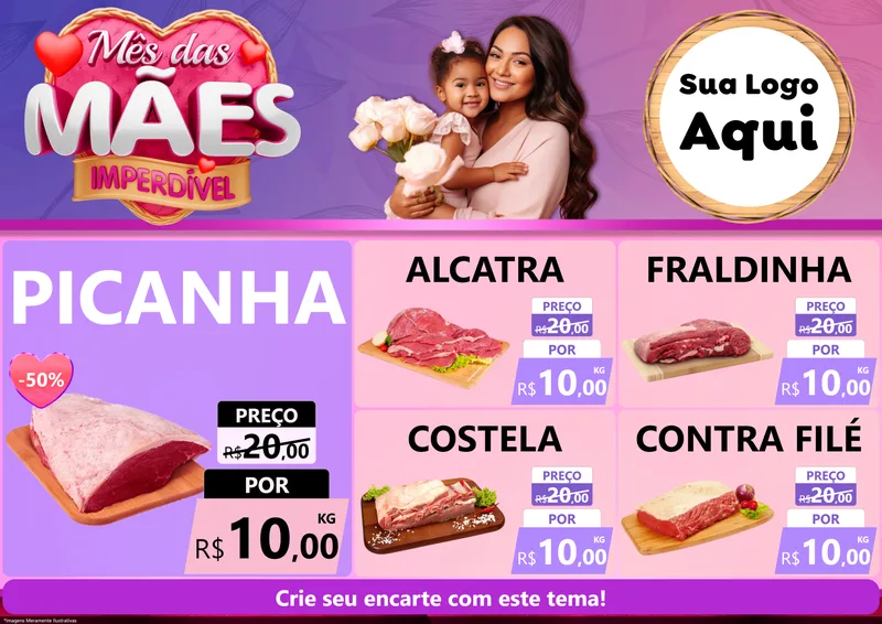 Modelo de Encarte para Encarte A4 Horizontal com o tema Mês das Mães Imperdível para Açougue