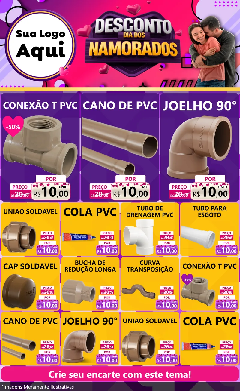 Modelo de Encarte para Encarte Grande com o tema Desconto Dia dos Namorados para Tubos e conexões