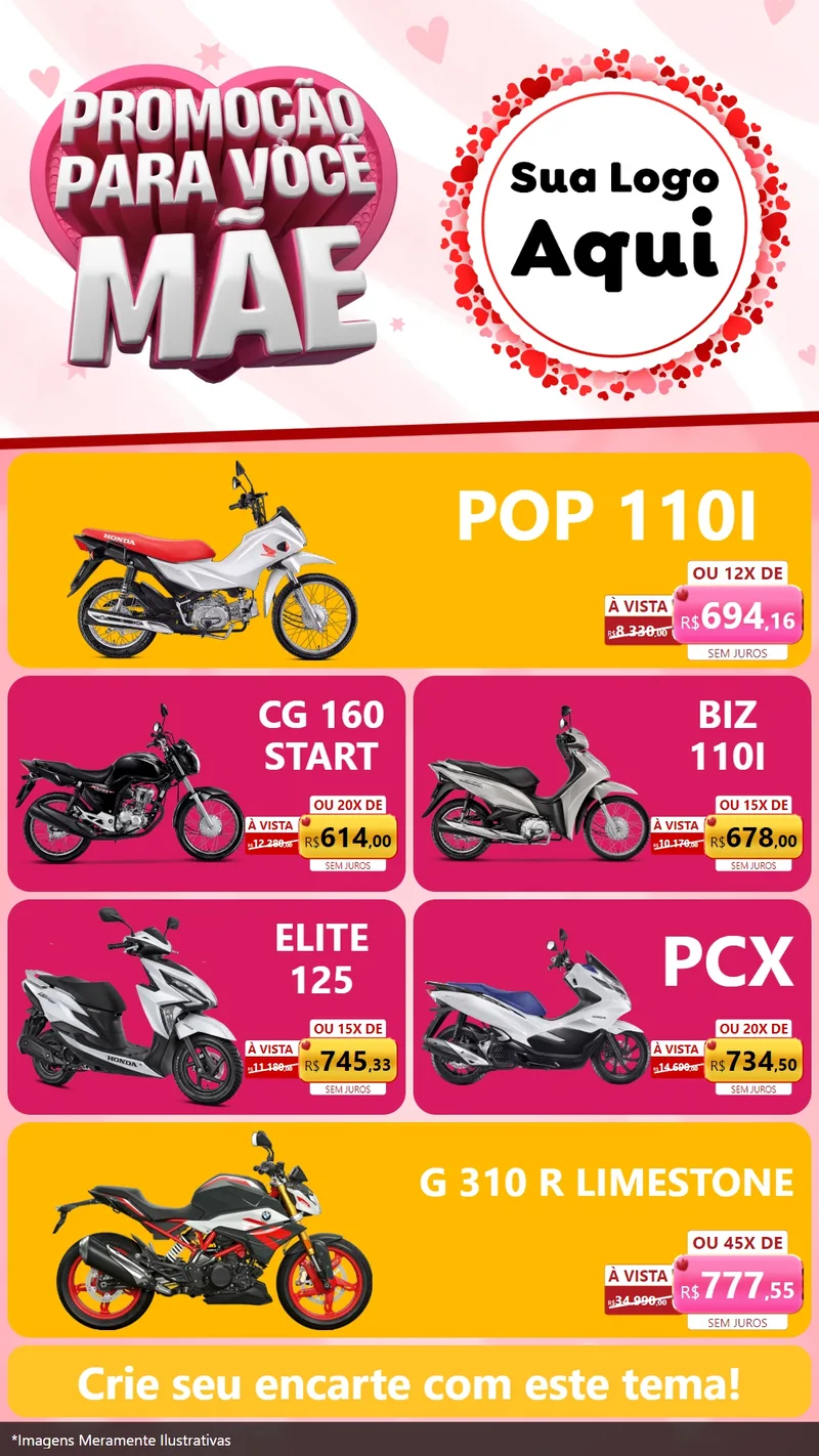 Modelo de TV para TV Vertical com o tema Promoção Para Você Mãe para Concessionaria de Motos