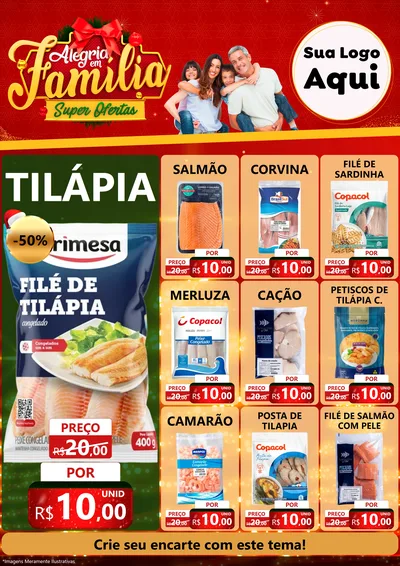 Modelo de Encarte para Encarte A4 Vertical com o tema Alegria em Família Super Ofertas - Natal para Peixaria