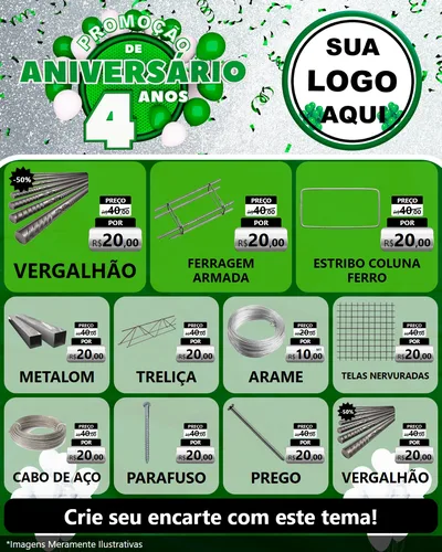 Modelo de Rede Social para Feed Instagram com o tema Promoção de Aniversário - 4 Anos para Ferragens