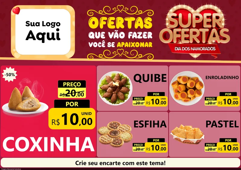Modelo de Encarte para Encarte A4 Horizontal com o tema Dia dos Namorados para Salgadaria