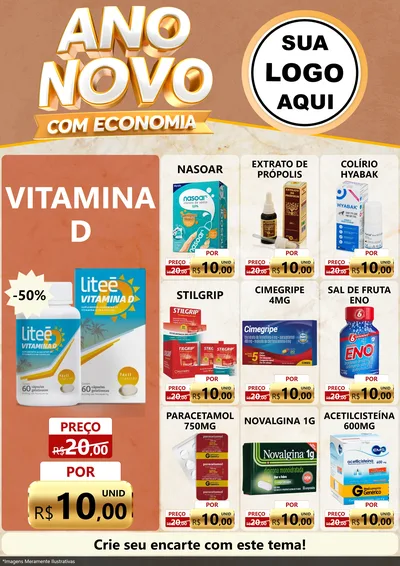 Modelo de Encarte para Encarte A4 Vertical com o tema Ano Novo Com Economia para Farmácia