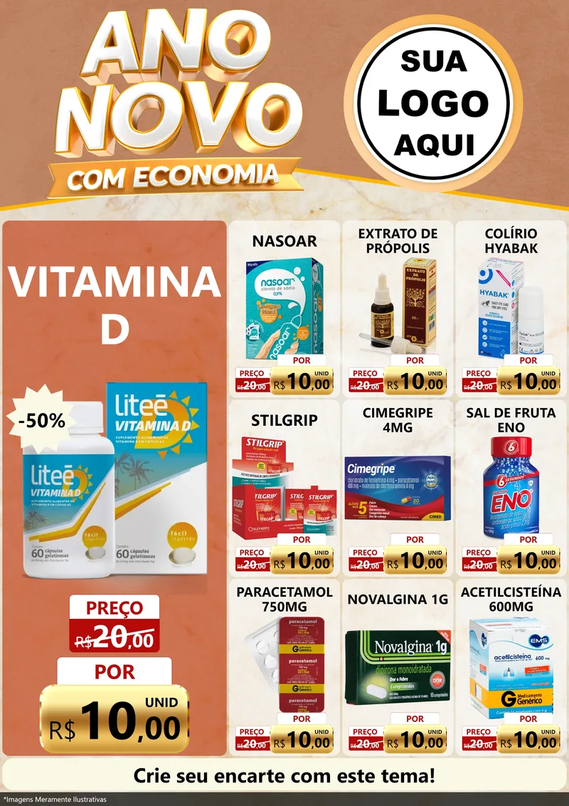 Modelo de Encarte para Encarte A4 Vertical com o tema Ano Novo Com Economia para Farmácia