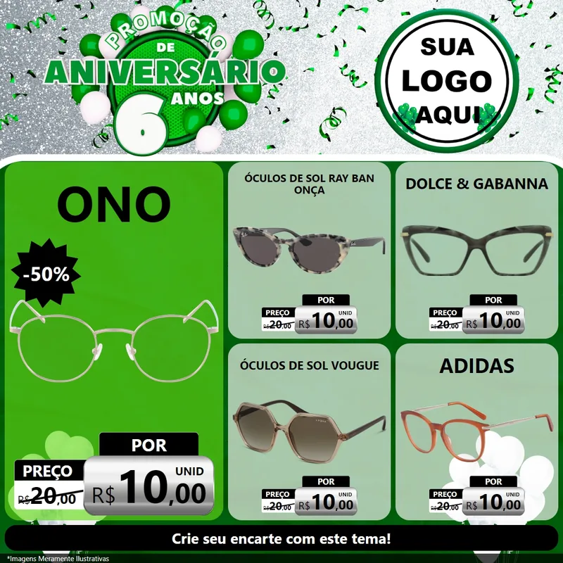 Modelo de Rede Social para Feed Facebook com o tema Promoção de Aniversário - 6 Anos para Óticas