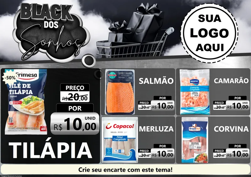 Modelo de Encarte para Encarte A4 Horizontal com o tema Black dos Sonhos para Peixaria