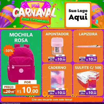 Modelo de Rede Social para Feed Facebook com o tema Pré-Carnaval Com Economia para Papelaria