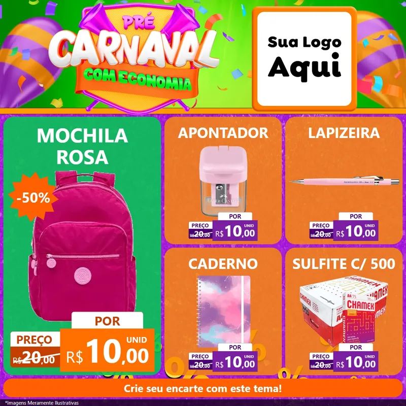 Modelo de Rede Social para Feed Facebook com o tema Pré-Carnaval Com Economia para Papelaria