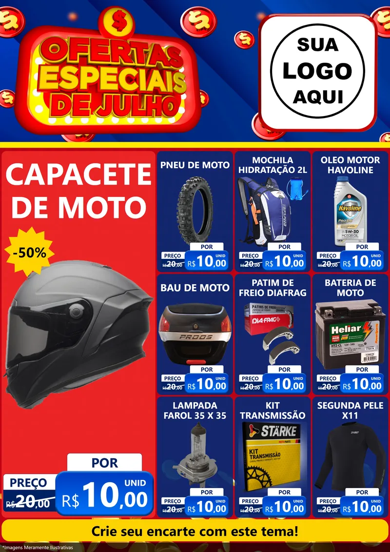 Modelo de Encarte para Encarte A4 Vertical com o tema Ofertas Especiais de Julho para Moto peças