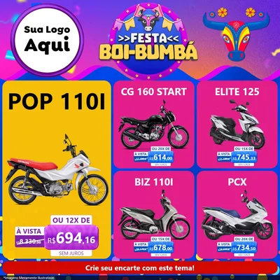 Modelo de Rede Social para Feed Facebook com o tema Festa Boi-Bumbá para Concessionaria de Motos