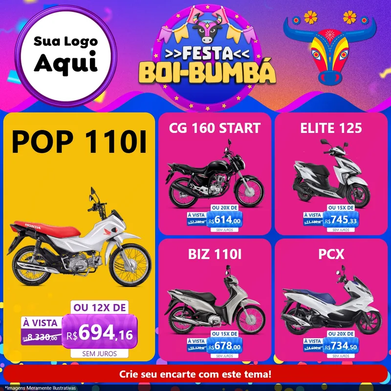 Modelo de Rede Social para Feed Facebook com o tema Festa Boi-Bumbá para Concessionaria de Motos