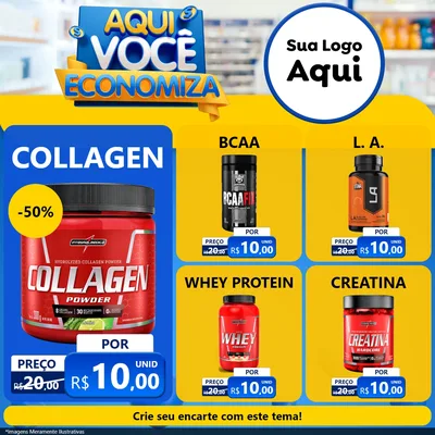 Modelo de Rede Social para Feed Facebook com o tema Aqui Você Economiza para Suplementos alimentares