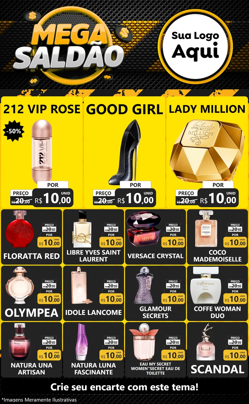 Modelo de Encarte para Encarte Grande com o tema Mega Saldão para Perfumes