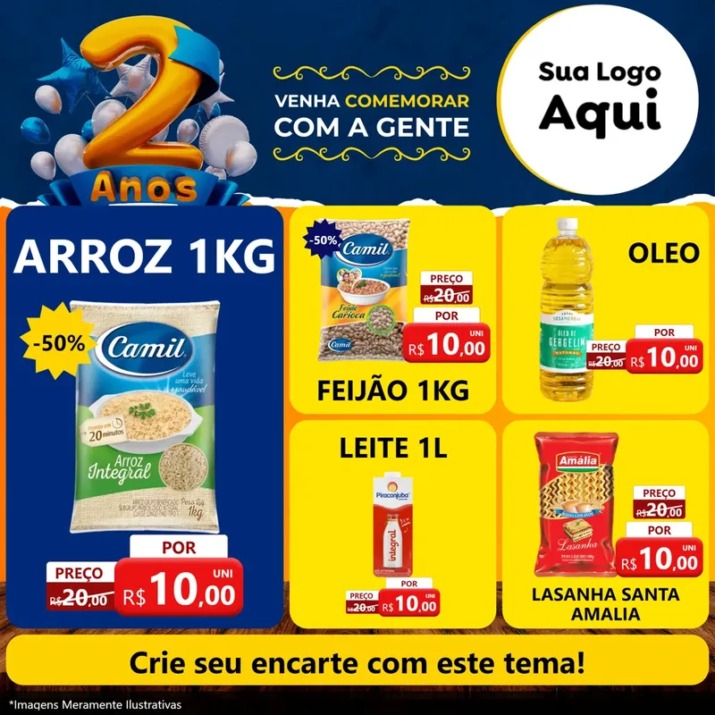 Modelo de Rede Social para Feed Facebook com o tema Aniversário de 2 anos para Supermercado