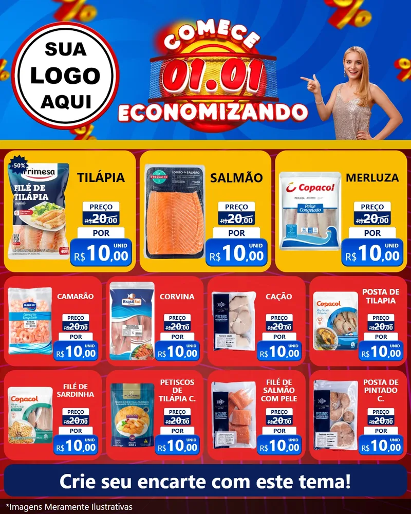 Modelo de Rede Social para Feed Instagram com o tema Comece 1º de Janeiro Economizando para Peixaria