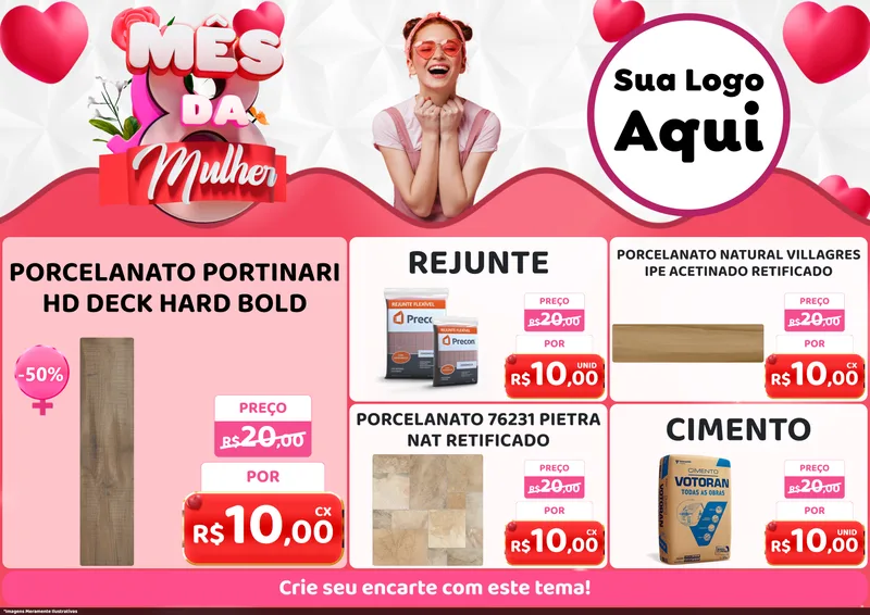 Modelo de Encarte para Encarte A4 Horizontal com o tema Mês da Mulher para Pisos e revestimentos