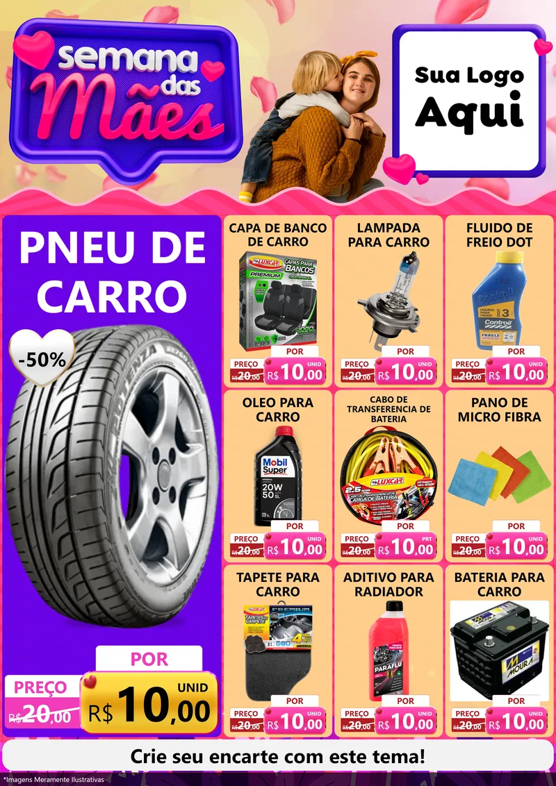 Modelo de Encarte para Encarte A4 Vertical com o tema Semana das Mães para Auto peças