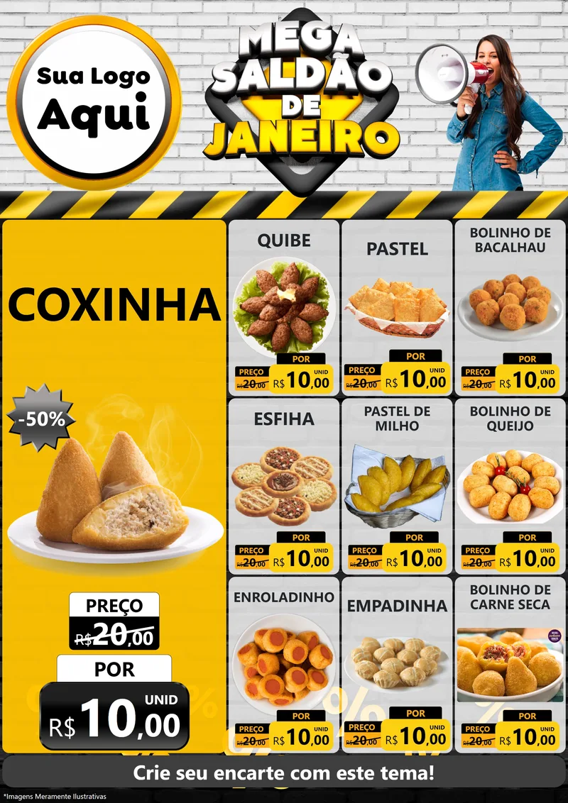 Modelo de Encarte para Encarte A4 Vertical com o tema Mega Saldão de Janeiro para Salgadaria