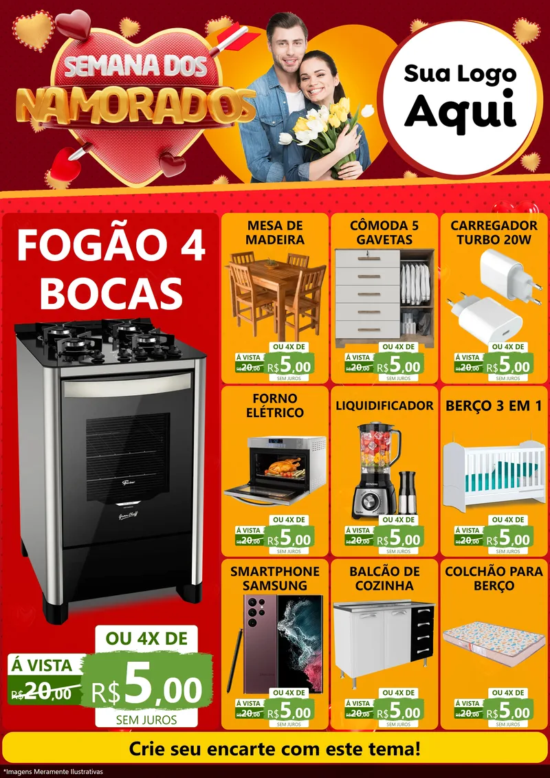 Modelo de Encarte para Encarte A4 Vertical com o tema Semana dos Namorados para Móveis e Eletro