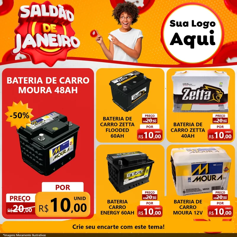 Modelo de Rede Social para Feed Facebook com o tema Saldão de Janeiro para Baterias Elétricas